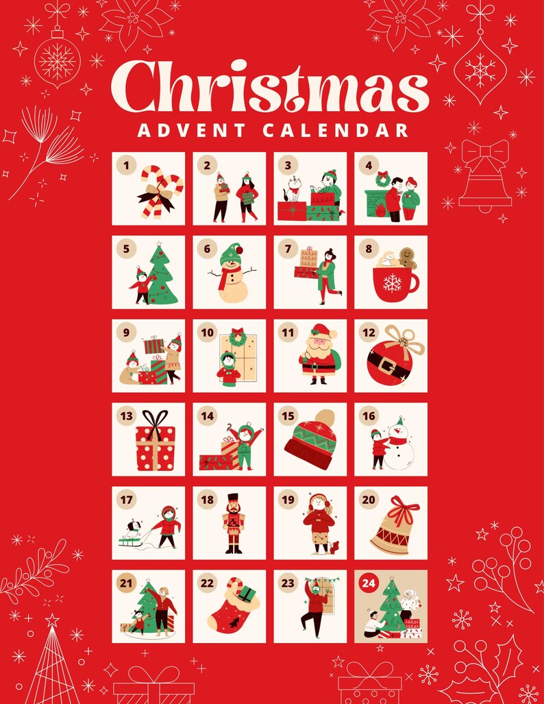 Printable Red Advent Calendar 2024 Holiday Countdown Calendar With ...