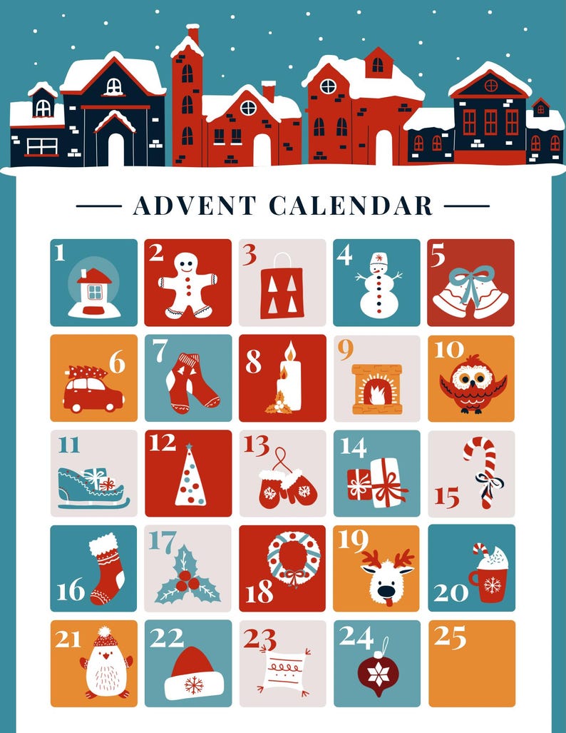 Printable Festive Advent Calendar 2024 Holiday Countdown Calendar With ...