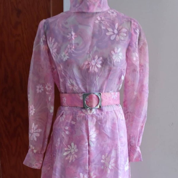 Vintage 60s Dress | Fun Psychadelic Pink Flocked Floral Semi Sheer Dress w/Belt - S/M