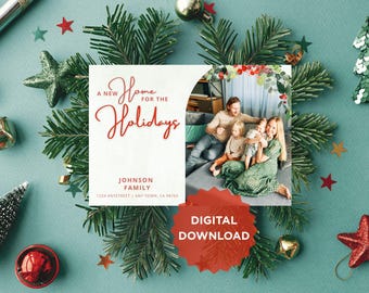 May include: A holiday card with a family photo and the text "A New Home for the Holidays." The card is surrounded by festive decorations, including pine branches, stars, and ornaments. A red "Digital Download" badge is included.