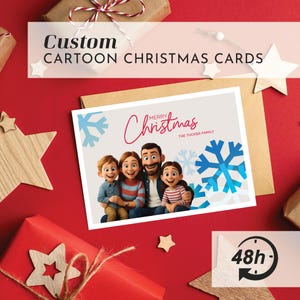 May include: A custom cartoon Christmas card featuring a family portrait with the text "Merry Christmas" and "The Tucker Family." The card has blue snowflake accents and is on a red background with gift boxes and star-shaped decorations.