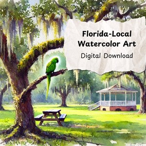 Watercolor Spanish Moss Parrot at Park in Florida, Southern, Vintage, Wall Art