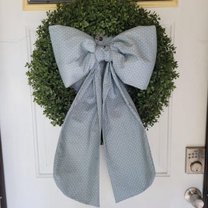 Large Light Blue Leaf Print Bow for Wreaths – Farmhouse Style Front Door Decor, Handmade Spring Wreath Bow