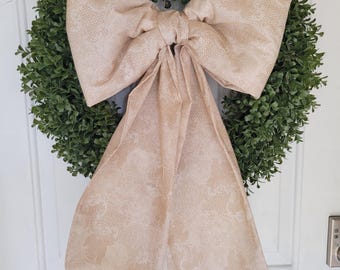 Large Beige Fabric Wreath Bow: Farmhouse Cottagecore Door Decor