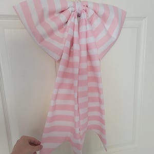 Large Baby Pink and White Striped Bow - Handmade Decorative Bow for Baby Nursery Room Decor