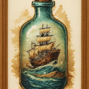 Pode incluir: Ponto cruz de um navio dentro de uma garrafa. A garrafa é turquesa com uma rolha de cortiça, e o navio é castanho com velas bege. A obra de arte é emoldurada numa moldura de madeira.