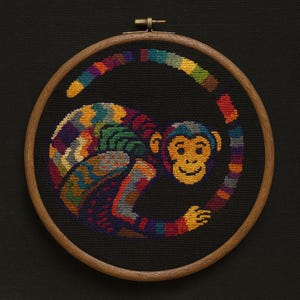 May include: A colorful cross-stitch embroidery of a monkey in a wooden hoop. The monkey is depicted in a seated position, with a rainbow-colored tail forming a circle around it. The monkey's face is yellow, and the background is black.