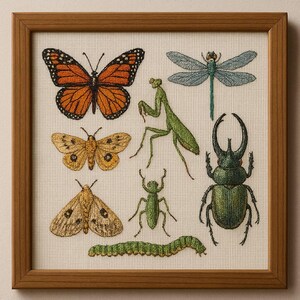 Puede incluir: Una obra de arte enmarcada con insectos bordados detallados. La obra incluye una mariposa monarca, una libélula, una mantis religiosa, un escarabajo, polillas, una oruga y un escarabajo verde. El marco es de madera.