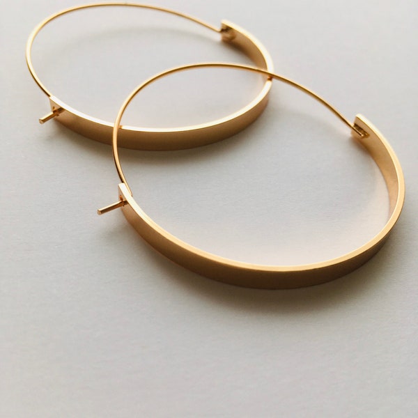 Large 18k gold hoops, half circle open gold large hoop earrings, minimalist simple half moon hoops, 50mm hoops,