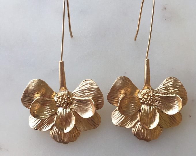 Women's Large Gold Flower Statement Dangle Earrings - Hypoallergenic Alloy Fashion Jewelry