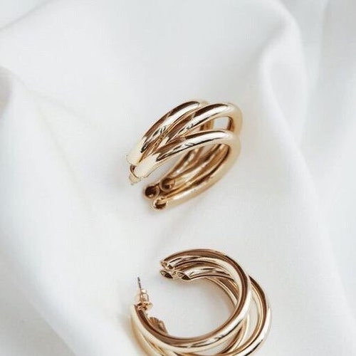 Chunky Triple Gold Hoops Earrings Gold 