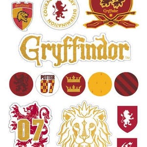 May include: A sheet of 21 Harry Potter Gryffindor stickers featuring the Gryffindor lion, house crest, and the words "Gryffindor", "Courage", "Bravery", and "Determination".