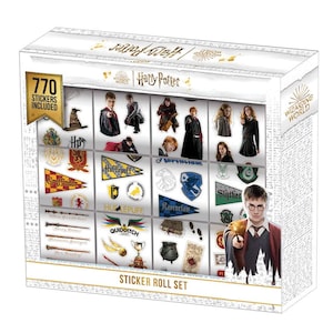 May include: A Harry Potter sticker roll set with 770 stickers included. The box features images of characters, house crests, and other iconic elements from the series. The box is white with gold accents and the text "Harry Potter" and "Sticker Roll Set".