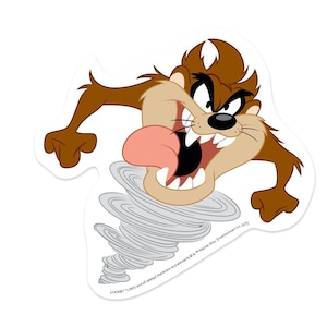 May include: A Taz sticker featuring the Looney Tunes character in a dynamic pose. The Tasmanian Devil is depicted with a wide open mouth, showing teeth and a pink tongue, and is surrounded by a gray tornado. The sticker has brown, tan, and black colors.