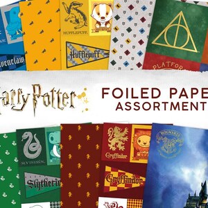 May include: A collection of Harry Potter themed foiled paper sheets. The assortment includes designs featuring the Hogwarts houses: Ravenclaw, Hufflepuff, Slytherin, and Gryffindor. The text "Harry Potter" and "FOILED PAPER ASSORTMENT" are also visible.
