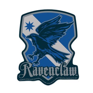 May include: A blue and silver shield with a raven in flight. The shield has a white star and the words "Ravenclaw" in a silver font.