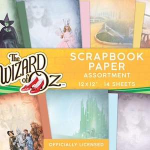 May include: A pack of 14 scrapbook paper sheets featuring images from the Wizard of Oz. The paper is 12x12 inches and officially licensed.