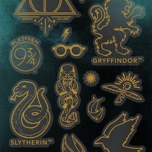 May include: A set of 21 Harry Potter themed stickers featuring creatures and symbols from the wizarding world. The stickers are on a teal background and include the Hogwarts house crests, the Deathly Hallows symbol, and the Platform 9 3/4 sign.
