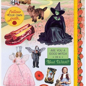 May include: A sheet of paper stickers featuring characters from the Wizard of Oz. The stickers include Dorothy, the Scarecrow, the Tin Man, the Cowardly Lion, the Wicked Witch of the West, Glinda the Good Witch, and the Emerald City. The stickers are printed on a white background with a yellow border.
