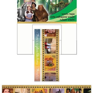 May include: A set of four washi tapes featuring scenes from the Wizard of Oz movie. The tapes are decorated with film strips and the quote "There's no place like home."