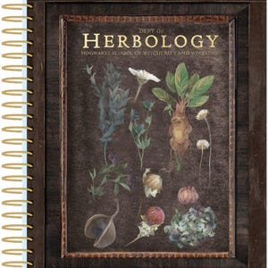 May include: A spiral-bound notebook with a dark brown cover featuring the text "DEPT OF HERBOLOGY" and illustrations of various plants. The notebook has a wooden frame and gold-colored spiral binding. The background is a dark brown color.