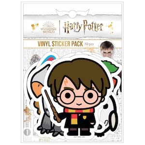May include: A pack of 50 Harry Potter vinyl stickers featuring cartoon characters and images from the Wizarding World. The stickers are on a white background with a Harry Potter logo and the text "Vinyl Sticker Pack 50 pcs".