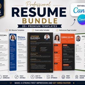 ATS Resume Template, Canva CV Template, Professional Resume, Cover Letter, Editable Resume Bundle