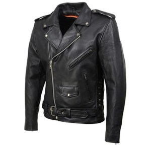 May include: A black leather motorcycle jacket with a zipper closure, a belt, and lace-up detailing on the sides.