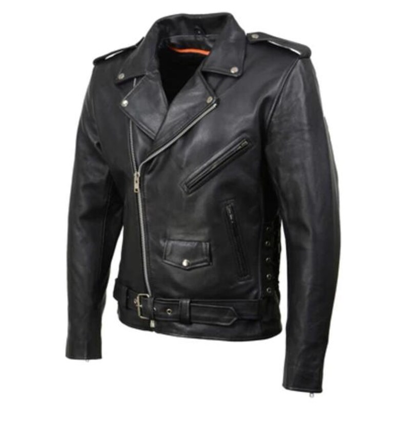 May include: A black leather motorcycle jacket with a zipper closure, a belt, and lace-up detailing on the sides.