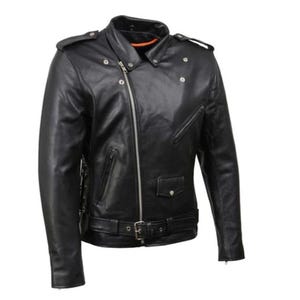 May include: A black leather motorcycle jacket with a zipper closure, a belt at the waist, and multiple pockets.