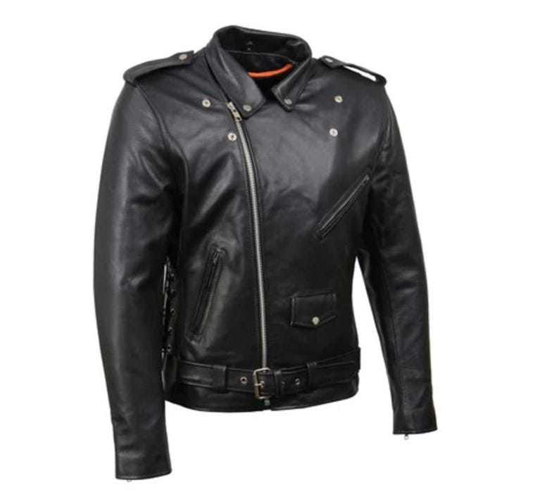 May include: A black leather motorcycle jacket with a zipper closure, a belt at the waist, and multiple pockets.