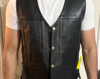 Leather Vest Men's Black - 100% Genuine Top Grain Cowhide Leather