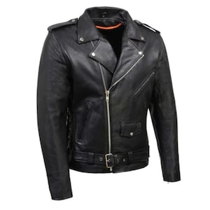 May include: A black leather motorcycle jacket with a zipper closure, a belt at the waist, and a lace-up detail on the sleeves.