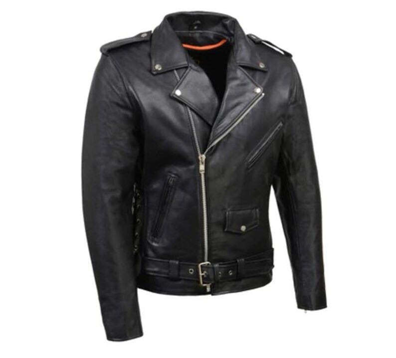 May include: A black leather motorcycle jacket with a zipper closure, a belt at the waist, and a lace-up detail on the sleeves.