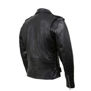 May include: Black leather motorcycle jacket with a zipper closure, side lacing, and zippered cuffs.