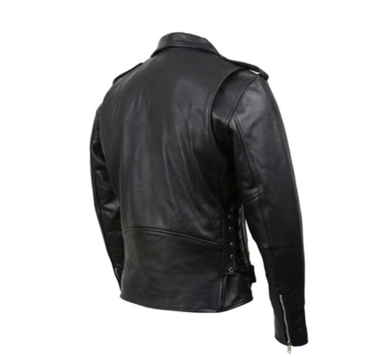 May include: Black leather motorcycle jacket with a zipper closure, side lacing, and zippered cuffs.