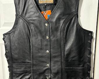 Leather Vest - Ladie's Black 100% Genuine Top Grain Cowhide Leather