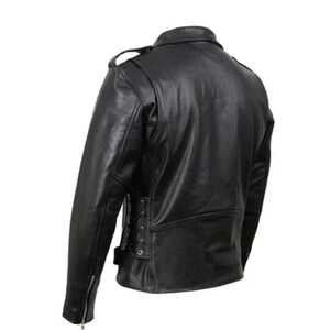 May include: Black leather motorcycle jacket with a zipper closure, a lace-up detail on the sides, and a buckle on the waist.