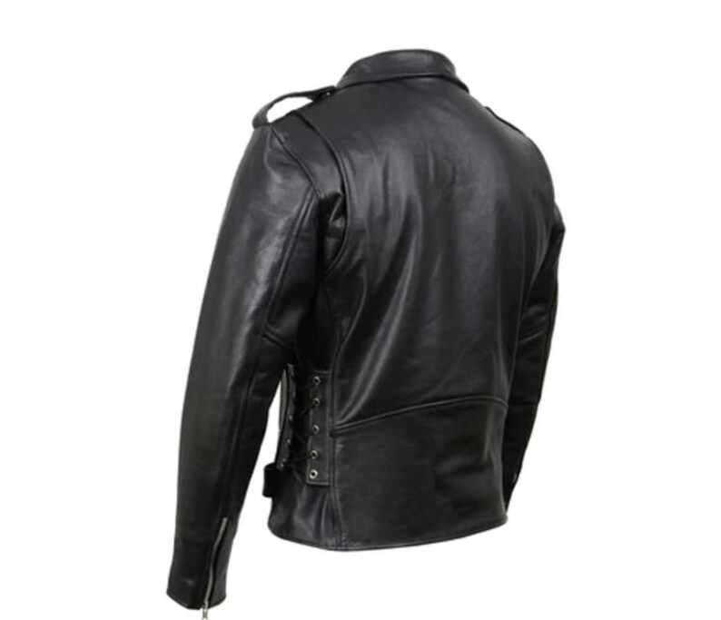 May include: Black leather motorcycle jacket with a zipper closure, a lace-up detail on the sides, and a buckle on the waist.