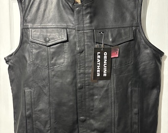 Leather Vest - Men's Black 100% Genuine Top Grain Cowhide Leather