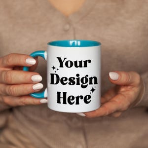 11oz Coffee Mug Mockup with Person - Cozy Mug Mockup for POD Shop - High-Quality JPG Mug Mockup - Blue Handle Mug Mockup Real Photo