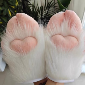 Fluffy Hoof Paw Gloves-White Furry Hoof-Style Paws with Pink Heart Pads | Custom Squeak Furry sheep foot, Patchwork Paws