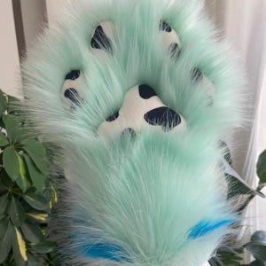 Mint Cow Print Paw Gloves with Squeakers | 28cm Open Finger Furry Paws | Custom Fursuit Handpaws