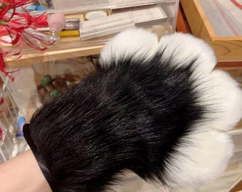 Custom Squeak Furry Fluffy Black White Paws, Patchwork Paws, Furry Nails, Four-Finger Claw, Fursuit Accessories