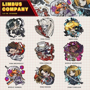 以下が含まれることがあります： 「Limbus Company」のキャラクターが描かれたステッカーシート。各ステッカーは、"Index Yi Sang"や"Pinky Sinclair"などの名前が下に書かれた、ちびキャラ風のイラストです。ステッカーのサイズは6.35cmです。