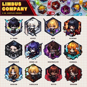 May include: Acrylic charms featuring characters from Limbus Company, each within a hexagonal frame. The charms are 2 inches in size and include characters like Yi Sang, Faust, Don, and Ryoshu. The design is colorful and detailed, with a variety of character poses and expressions.