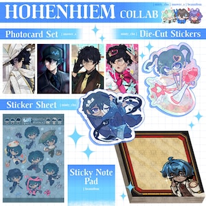 以下が含まれることがあります： アニメスタイルのグッズをフィーチャーしたコラボレーションのプロモーション画像。フォトカードセット、ダイカットステッカー、ステッカーシート、付箋パッドが含まれています。「HOHENHIEM COLLAB」の文字が上部にあり、アーティスト名が記載されています。