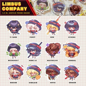 Puede incluir: Llaveros acrílicos para teléfono de 3,8 cm con personajes de Limbus Company. Cada llavero muestra un personaje diferente con peinados y atuendos únicos. Los llaveros tienen una combinación de colores rojo y azul, con el texto "LIMBUS COMPANY" en la parte superior.