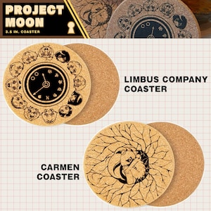 May include: Two round 3.5 inch cork coasters. One coaster features a clock face surrounded by twelve character portraits, labeled Limbus Company Coaster. The other features a central figure surrounded by branching lines, labeled Carmen Coaster.