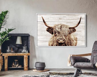 Highland Cow  Sepia Canvas Print // Highland Cow White Wood Background Canvas Print // Vintage Wall Art // Farmhouse Wall Decor